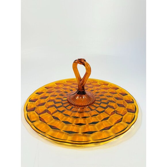 Amber Serving Tray With Handle | Indiana Colony Cubist Bube Diamond Pattern 12" - Picture 9 of 16